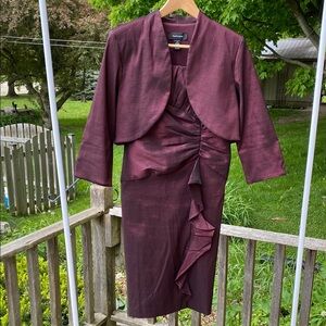 R&M Richards Burgundy Black Metallic Ruched Sheath Mini Dress Ruffles Jacket Set